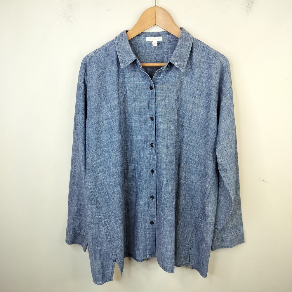 Eileen Fisher Button Down Shirt Blue Hemp Organic Cotton Medium Casual